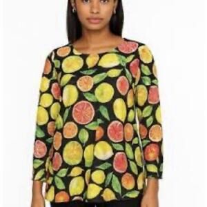 Fresh Spring Citrus All Over Print Wide Neck Top Black 3/4 Sleeve Women's Large